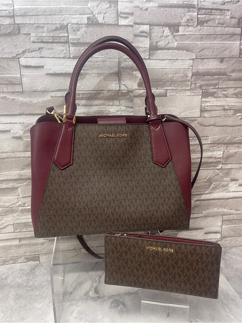 Michael Kors Kimberly Brown/Red Large Satchel & Matching Wallet Merlot Multi - Picture 2 of 14